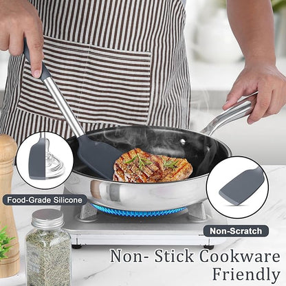 TeamFar Silicone Cooking Utensils Set, 5 PCS Heat-Proof Kitchen Utensils with Stainless Steel Handle, Turner/Spoon/Pasta Server for Nonstick Cookware Frying Flipping Draining, Light Grey