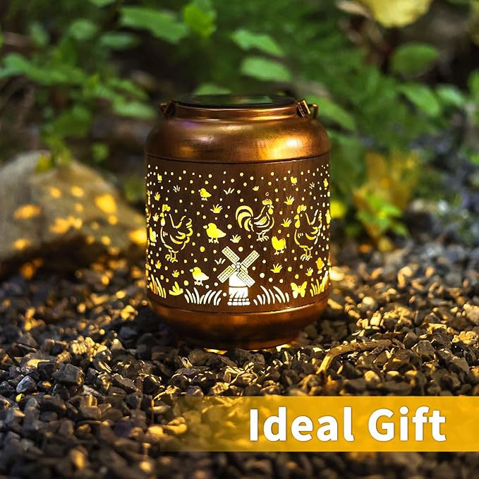 Chicken Solar Lanterns Outdoor Waterproof Chicken Hanging Solar Lights Birthday Gifts for Women Men Mom Metal Decorative LED Lantern Outside for Garden Decor,Yard,Patio,Lawn,Porch,Backyard,Tabletop