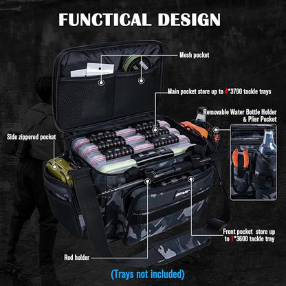Goture Fishing Tackle Bag, Store Up to 4PCS 3700 Plus 2PCS 3600 Tackle Trays(Not Included), 600D Soft Side Gear Storage Fishing Bag with Rod Straps,Detachable Water Bottle Pouch,Waterproof Bottom