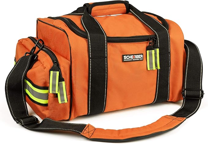 Scherber First Responder Fully-Stocked Large Professional Essentials EMT/EMS Trauma Kit | HSA/FSA Approved | Reflective Bag w/8 Zippered Pockets & Compartments & 250+ First Aid Supplies (Orange)