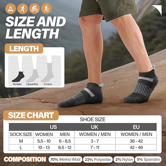 6 Pairs Merino Wool Ankle Running Hiking Socks Compression Support Breathable Thick Cushion No Show Socks for Women Men