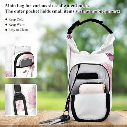 Pink Dandelion and Butterfly01 Water Bottle Holder with Strap Insulated Water Bottle Carrier Crossbody Bags Pouch with Phone Pocket for Travel Gym Hiking Walking Running
