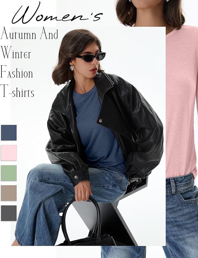 Huukeay 5 Pack Women's Crew Neck Long Sleeve Shirts, Cotton Blend Casual Clothes Workout Basic Layering Tee Tops Multipack