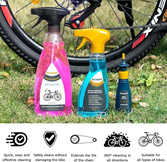 Bike Cleaning Kit with Bicycle Cleaner(25 oz),Degreaser(10 oz),Oil Lubricant(2 oz),Cleaning Brush Tools,Bike Chain Cleaner Kit to Clean and Lube Mountain/Road/MT/EBike