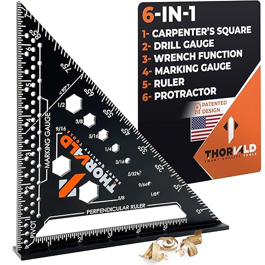 THORVALD 6-in-1 Carpenter Square 7 inch (1/16" Precision) - T Square Multi-Purpose Carpenter Tools : Wrench, Square, Protractor, Ruler, Marking Gauge, Drill Gauge