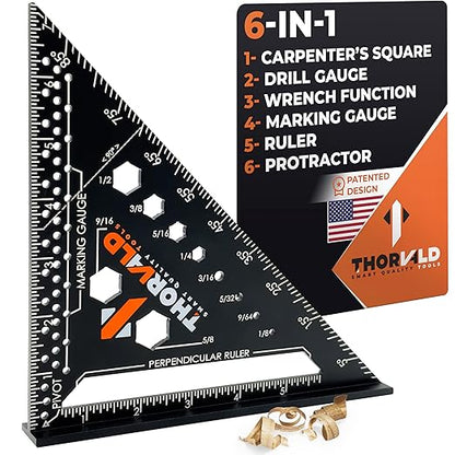 THORVALD 6-in-1 Carpenter Square 7 inch (1/16" Precision) - T Square Multi-Purpose Carpenter Tools : Wrench, Square, Protractor, Ruler, Marking Gauge, Drill Gauge