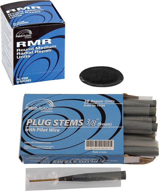 Myers Tire Supply Patch Rubber Company Plug and Patch Kit 3/8” – Includes 20 Plug Stems & 25 RMR Small Round Tire Repair Patches – Heavy-Duty Tire Injury Repair Kit