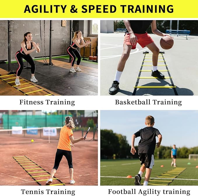 20ft Agility Ladder - Speed Ladder for Soccer with Carry Bag & Straps | 12 Adjustable Rungs | Soccer, Agility Training Equipment | Durable Footwork Ladder for Athletes (Yellow)