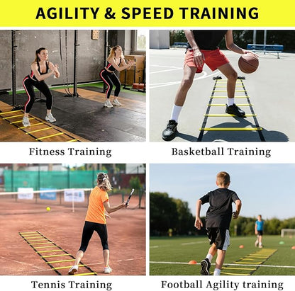 20ft Agility Ladder - Speed Ladder for Soccer with Carry Bag & Straps | 12 Adjustable Rungs | Soccer, Agility Training Equipment | Durable Footwork Ladder for Athletes (Yellow)