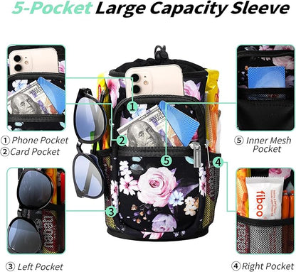 32/40/64/87/128 oz Water Bottle Carrier Bag, Neoprene Water Bottle Sleeve with 4 Pocket, Sport Water Holder with Paracord Handle and Shoulder Strap for Walking Hiking Camping Gym