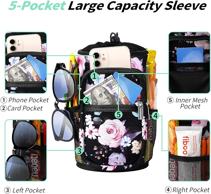 32/40/64/87/128 oz Water Bottle Carrier Bag, Neoprene Water Bottle Sleeve with 4 Pocket, Sport Water Holder with Paracord Handle and Shoulder Strap for Walking Hiking Camping Gym