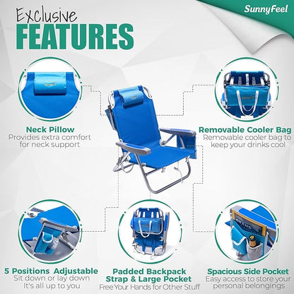 SUNNYFEEL Low Beach Chair 5 Position Lay Flat, Portable Folding Backpack Beach Chairs Heavy Duty with Cooler Bag, Cup Holder for Outdoor/Lawn/Trip/Picnic/Fishing, Foldable Camping Chair (New Blue)