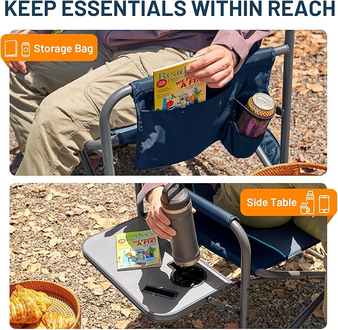 TIMBER RIDGE XXL Director’s Chair – Heavy Duty Folding Chair with Side Table, 500 lb Capacity, Extra Wide Padded Seat for Camping, Sports, Beach, Patio, and Outdoor Use, Blue-2 Pack