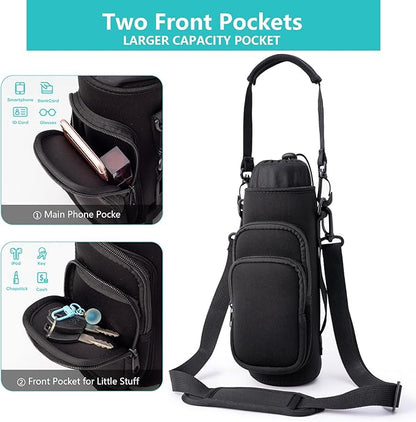 linmaya Water Bottle Carrier Bag, Insulated Water Bottle Bag Fits Stanley IceFlow Owala 16/24/32/40oz Tumbler, Water Bottle Holder with Shoulder Hand Straps, 2 Pockets for Travel, Hiking, Camping