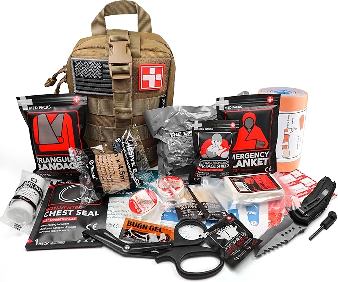 Survival First Aid Kit with Israeli Bandage, Splint, Chest Seal, Tactical Military Combat Molle IFAK for Wound Care, Bleeding Control, Trauma Hemorrhage and More