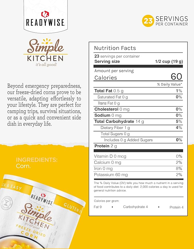 Simple Kitchen Freeze Dried Corn – 23 Servings for Family Meal Prep, Sweet Canned Corn, Gluten Free & Dehydrated Camping Meals, Emergency Survival Food for Backpacking & Hiking, #10 Can Package