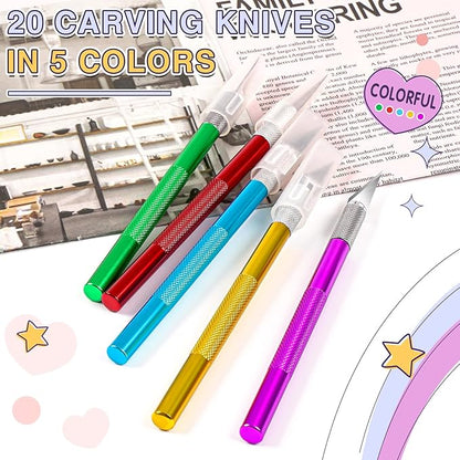 DIYSELF 50-Piece Exacto Knife, Aluminum Alloy Handle, Precision Craft Hobby Knife Set for Student, Artist, Carbon Steel Blade, Set for Crafting, Leather, Wallpaper, Collage (Red)