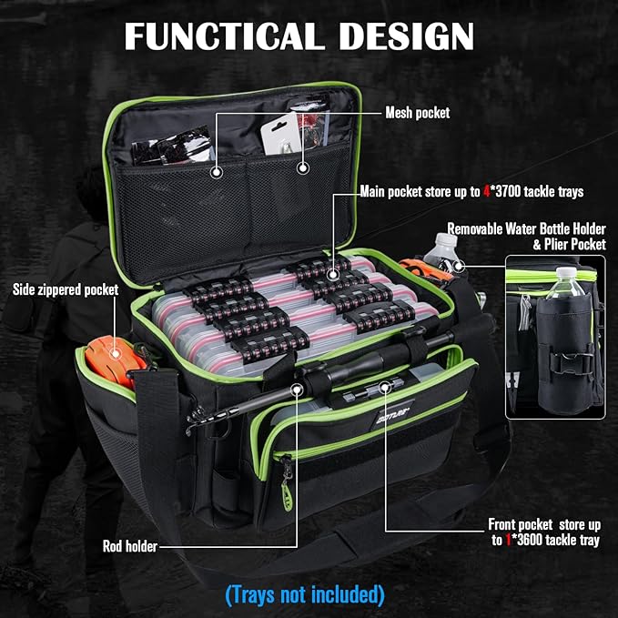 Goture Fishing Tackle Bag, Store Up to 4PCS 3700 Plus 2PCS 3600 Tackle Trays(Not Included), 600D Soft Side Gear Fishing Bag with Rod Straps,Detachable Water Bottle Pouch,Waterproof Bottom,SBS Zippers