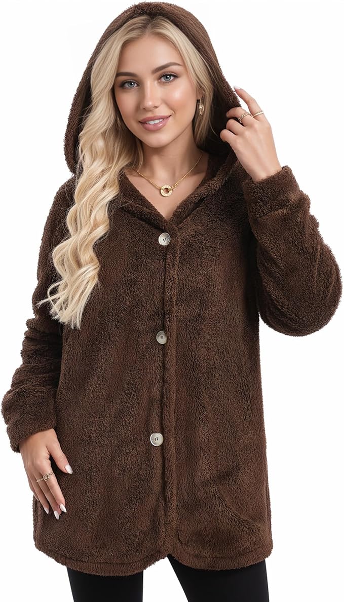 MANGOPOP Womens Fleece Jacket 2025 Winter Oversized Fuzzy Hooded Coat Button Cardigan Sherpa Sweaters Outerwear with Pockets