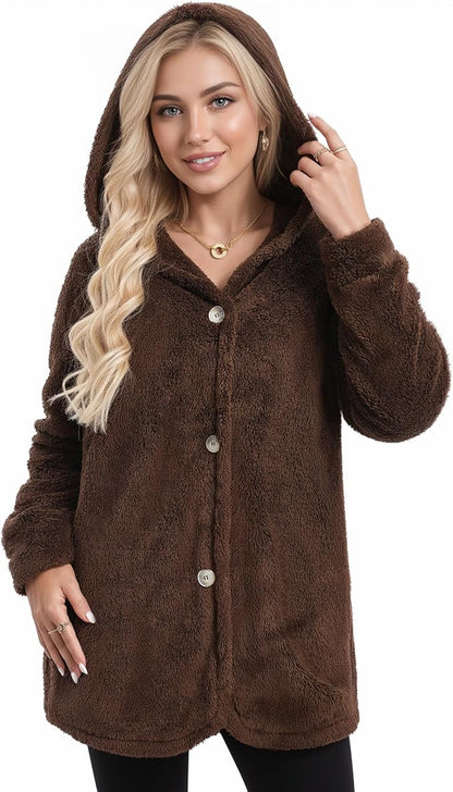 MANGOPOP Womens Fleece Jacket 2025 Winter Oversized Fuzzy Hooded Coat Button Cardigan Sherpa Sweaters Outerwear with Pockets