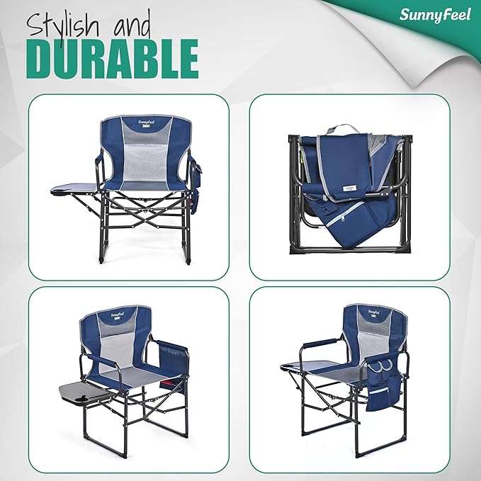 SUNNYFEEL Oversized Camping Directors Chair 2 Pack, Portable Folding Lawn Chairs for Adults Heavy Duty with Side Table,Pocket for Beach, Fishing,Picnic,Concert Outdoor, Foldable Camp Chairs