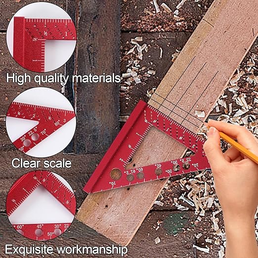 Carpenter Square, Small Triangle Square, 90 Degree Small Square Ruler, Woodworking Measuring Tool with Fixed Miter Angle Pin (Red)