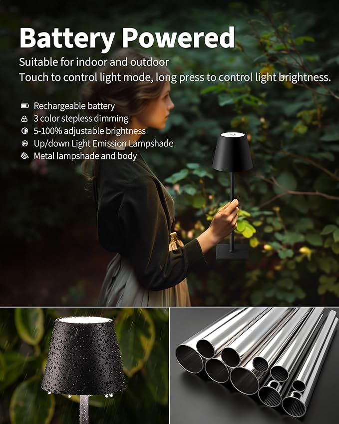 KDG Cordless Table Lamp, Portable LED Desk Lamp, 5000mAh Battery Operated, 3 Color Stepless Dimming Up, for Restaurant/Bedroom/Bars/Outdoor Party/Camping/Coffee Shop Atmosphere Night Light(Black)
