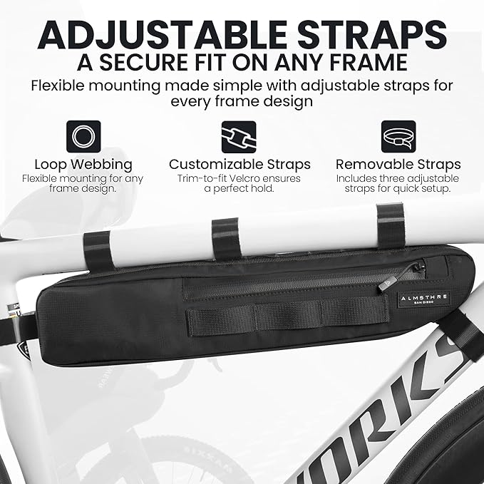 ALMSTHRE Signature Bike Frame Bag - Midnight Black, Large/XL Sizing | Durable Recycled Ripstop Material, Waterproof Zippers & Customizable Design for Essentials
