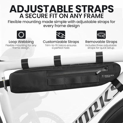 ALMSTHRE Signature Bike Frame Bag - Midnight Black, Small/Medium Sizing | Durable Recycled Ripstop Material, Waterproof Zippers & Customizable Design for Essentials