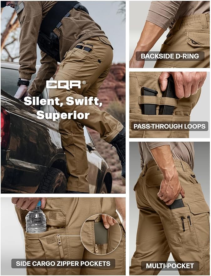 CQR Men's Flex Stretch Tactical Pants, Water Resistant Ripstop Cargo Pants, Lightweight EDC Outdoor Work Hiking Pants