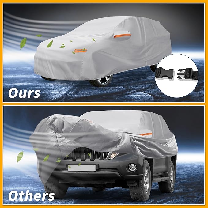 Universal Car Cover Waterproof All Weather 190T-PU, UV Sun Rain Protection, Fits for SUV Length 191"-200", with Left Side Zipper, Silver Tone