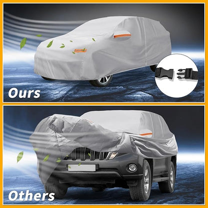 Universal Car Cover Waterproof All Weather 190T-PU, UV Sun Rain Protection, Fits for SUV Length 191"-200", with Left Side Zipper, Silver Tone