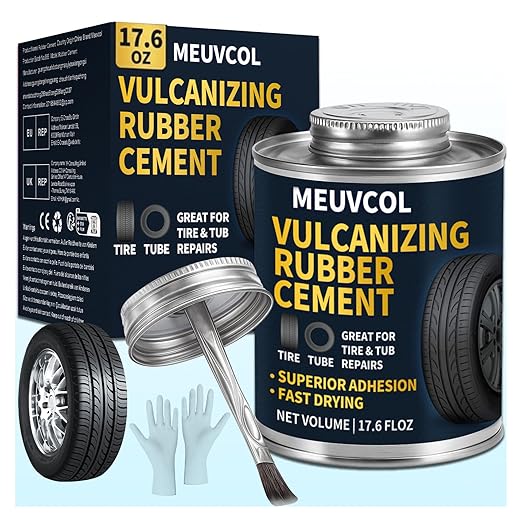 Vulcanizing Cement – 17.6 Oz Rubber Cement All Purpose for Tire Patch, Plug & Tube | Professional Tire Repair Glue with Brush for Motorcycle, Bike, Car | Clear, Fast Drying Tire Patch Glue Heavy Duty
