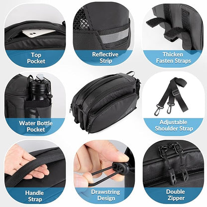WOTOW Rear Rack Bag, 12L Waterproof Reflective Bicycle Trunk Bag, Cycling Rear Seat Carrier Backseat Storage Luggage with Water Bottle Holder, Shoulder Strap for MTB Bike E-Bike