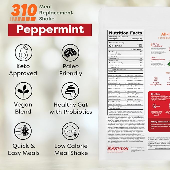 310 Nutrition All-In-One Meal Replacement Shake Powder - Plant-Based Protein Protein Powder with High-Fiber, Probiotics, Digestive Enzymes & Adaptogens - Low Carb Vegan Keto Friendly Superfoods Smoothie - Peppermint Swirl - 28 Servings
