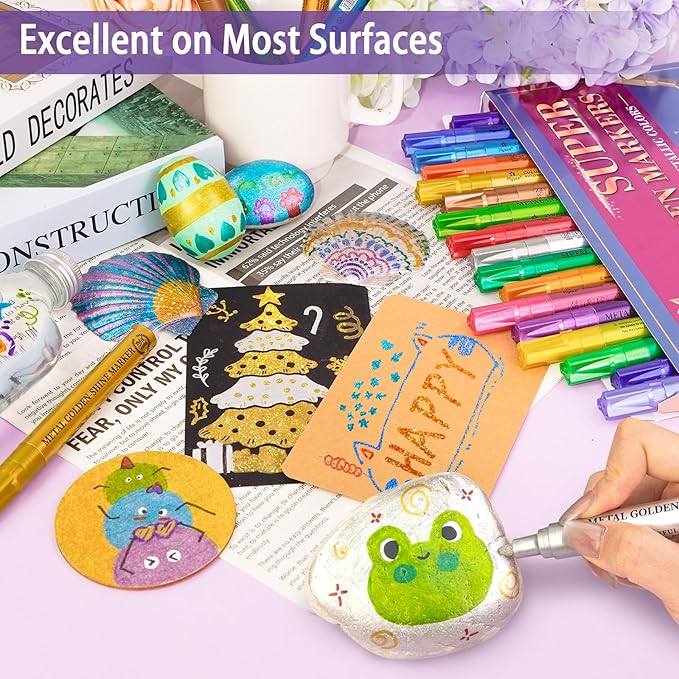 Betem Super Golden Metallic Paint Markers, 18 Colors Metallic Paint Pen Scrapbook Supplies, 2-3mm Medium Tips Glitter Markers for Black Paper, Albums, Rock Painting, Cards, Ceramic, Wood, DIY Crafts