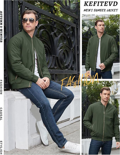 KEFITEVD Men's Jacket Casual Windproof Bomber Jackets Full Zip Windbreaker Warm Winter Padded Coats
