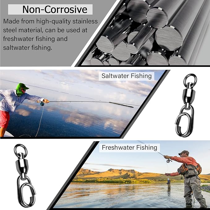 Atibin High Strength Snap Swivels Saltwater Ball Bearing Fishing Swivels Freshwater Stainless Steel Split Rings Fishing Black Nickel 30lbs-156lbs