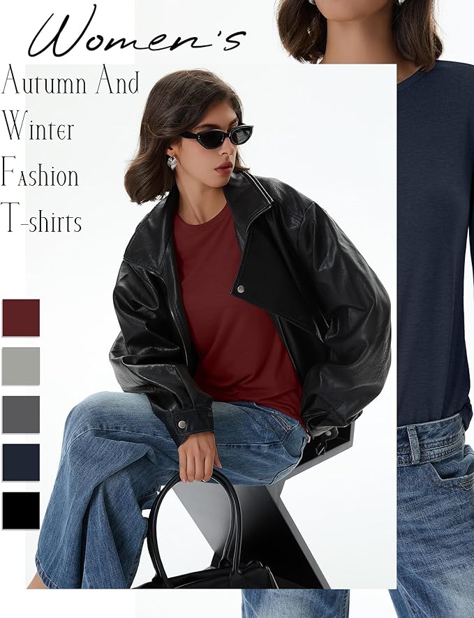 Huukeay 5 Pack Women's Crew Neck Long Sleeve Shirts, Cotton Blend Casual Clothes Workout Basic Layering Tee Tops Multipack