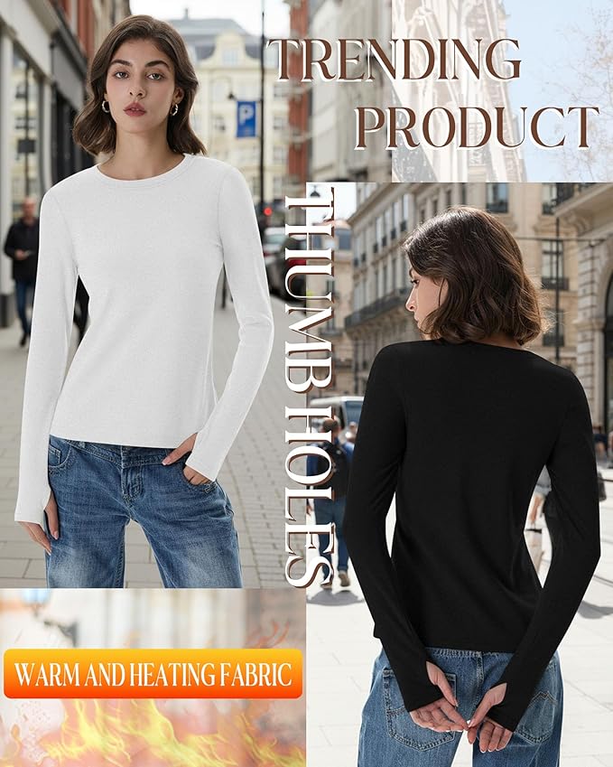 Neer 4 Pack Women's Fleece Thermal Long Sleeve Shirts, Thumb Holes Crew Neck Slim Fit Tops Warm Workout Basic Undershirt