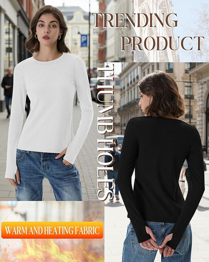 Neer 4 Pack Women's Fleece Thermal Long Sleeve Shirts, Thumb Holes Crew Neck Slim Fit Tops Warm Workout Basic Undershirt