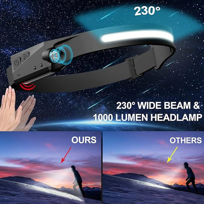 Rechargeable Headlamp 2Pack, 230°Wide Beam Headlamp for Adults, LED Headlamp with Clips-Camping Gear, 6 Modes, Motion Sensor, Head Lamp Flashlight for Cycling, Running, Fishing, Camping