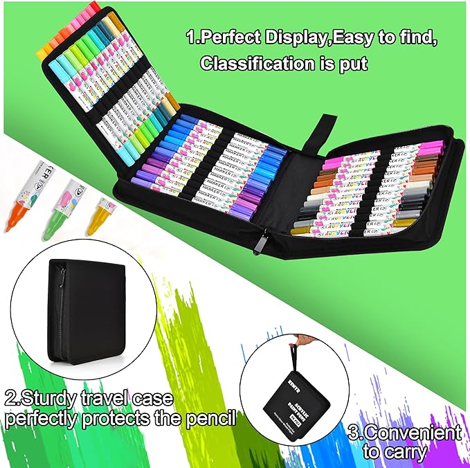 48 Colors Acrylic Paint Pens, Dual Tip Acrylic Paint Markers for Paper, Wood, Canvas, Stone, Rock Painting, Glass, Fabric, DIY, Ceramic, Art Supplies for Kids and Adults Drawing (Dot + Fine)