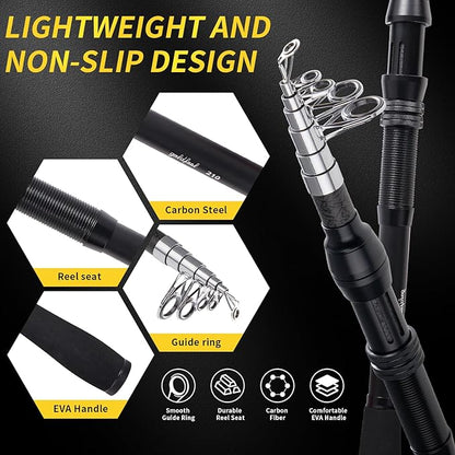 GOLDFEEL 6.9 Ft Carbon Fiber Fishing Rod and Reel Combo - Medium Power Fast Action Spinning Rod with Pre-Spooled Reel, Portable Travel Case for Saltwater Freshwater Fishing