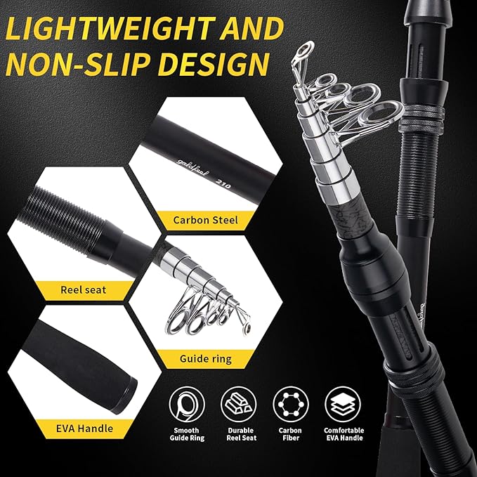 GOLDFEEL 6.9 Ft Carbon Fiber Fishing Rod and Reel Combo - Medium Power Fast Action Spinning Rod with Pre-Spooled Reel, Portable Travel Case for Saltwater Freshwater Fishing