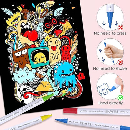 72 Colors Brush & Fine Tip Acrylic Paint Pens, Dual Tip Acrylic Paint Markers for Paper, Wood, Canvas, Stone, Rock, Glass, Fabric, DIY, Ceramic, Art Supplies for Adults Drawing