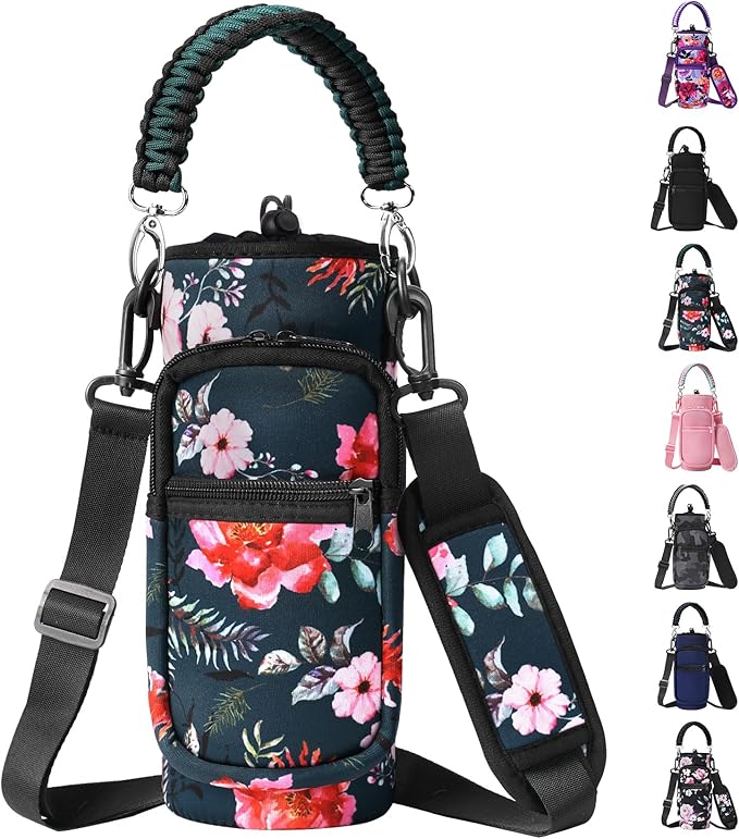 32/40/64/128 oz Neoprene Insulated Water Bottle Carrier Bag, Sling Bag Sleeve Pouch Holder with Strap & Paracord Handle and 2 Pocket for Travelling, Hiking, Camping