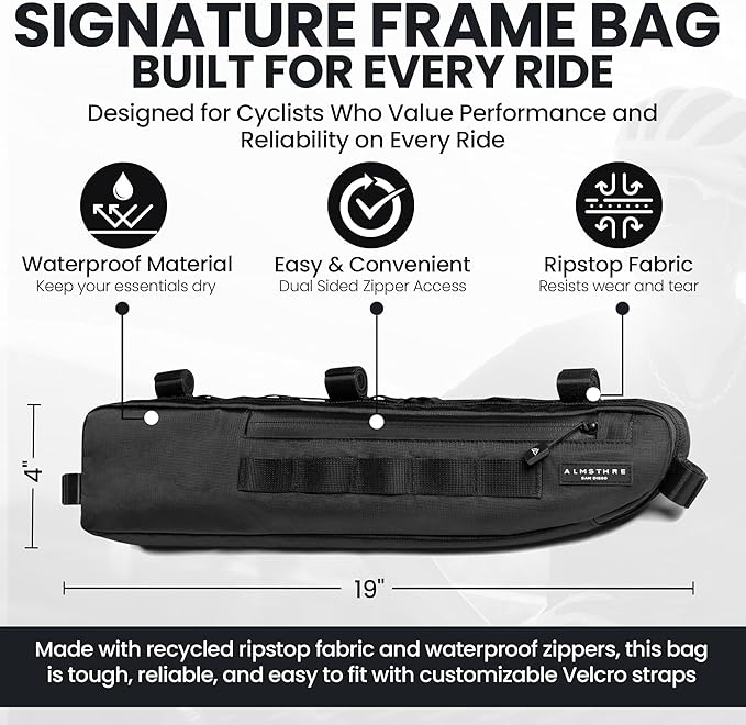 ALMSTHRE Signature Bike Frame Bag - Midnight Black, Large/XL Sizing | Durable Recycled Ripstop Material, Waterproof Zippers & Customizable Design for Essentials