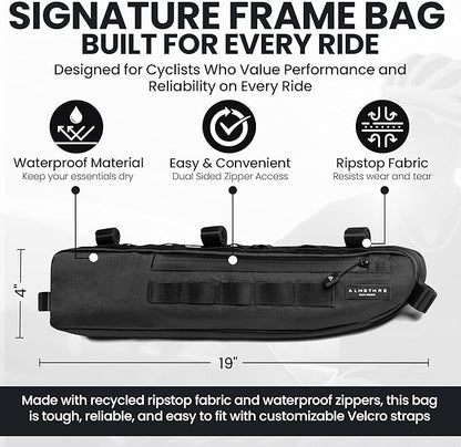 ALMSTHRE Signature Bike Frame Bag - Midnight Black, Large/XL Sizing | Durable Recycled Ripstop Material, Waterproof Zippers & Customizable Design for Essentials