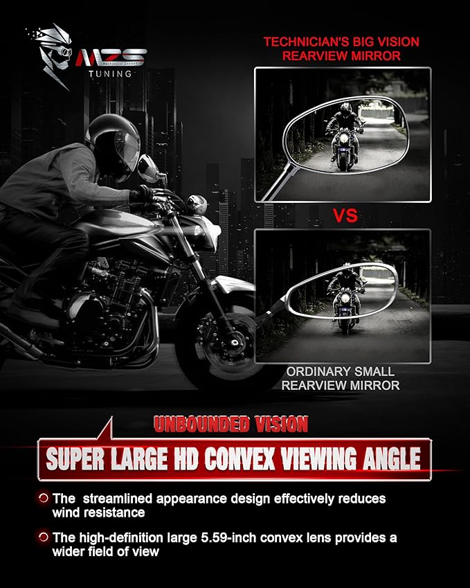 MZS Motorcycle Mirrors Chrome, Universal 10MM 8MM Rear View Side Mirror 360 Degree Adjustable Handlebar Compatible with Street Bike Cruiser Touring Chopper Scooter GY6